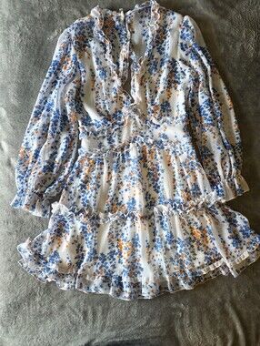 White Blue Floral Open Back Ruffle Boho Cottagecore Mini Dress Small